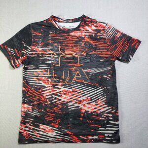 Under Armour short sleeve T-shirt boys size L black, grey and neon orange design